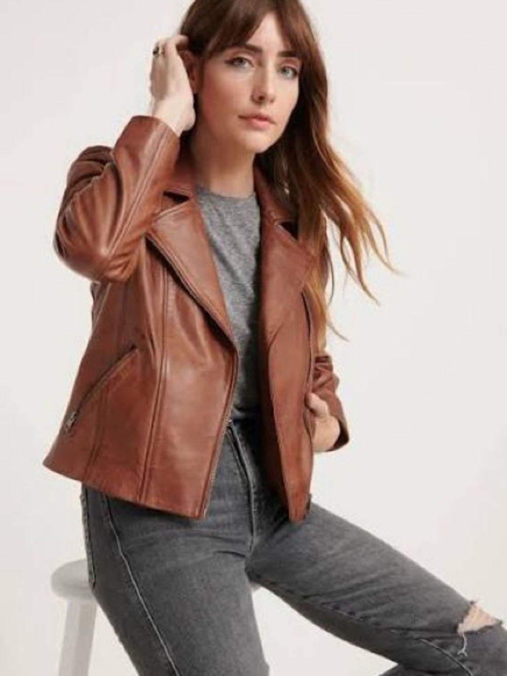 Lucky Brand | Puff Sleeve Brown Leather Moto Jacket